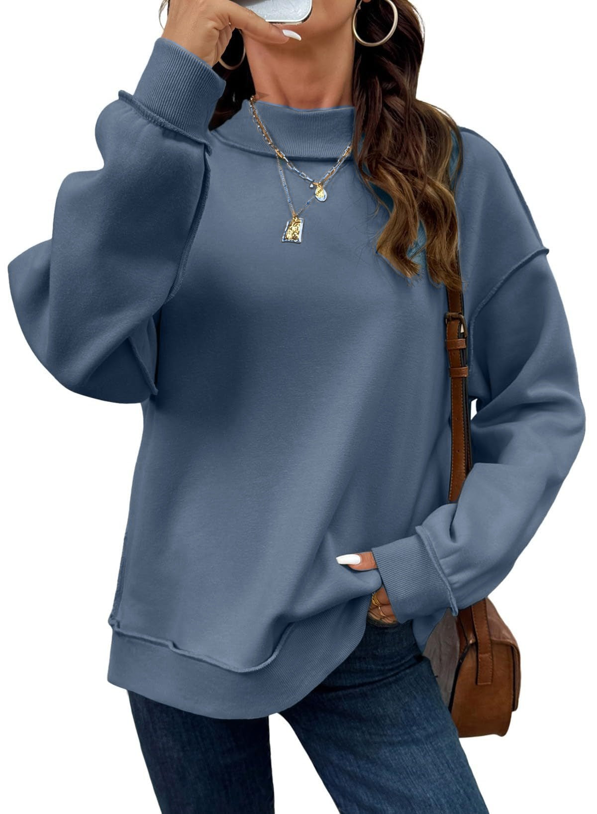 Exposed Seam Mock Neck Sweatshirt - Blue