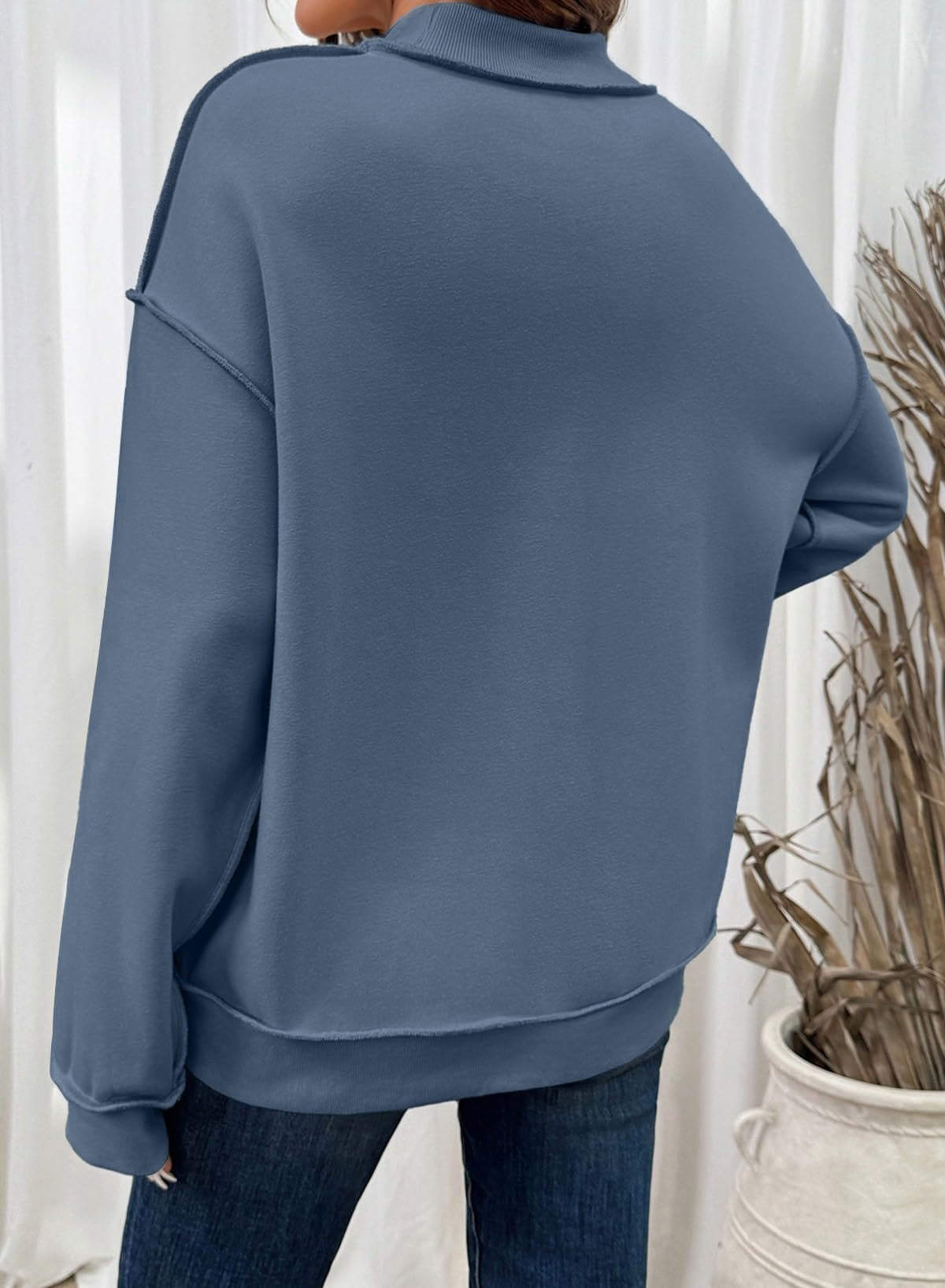 Exposed Seam Mock Neck Sweatshirt - Blue - 1