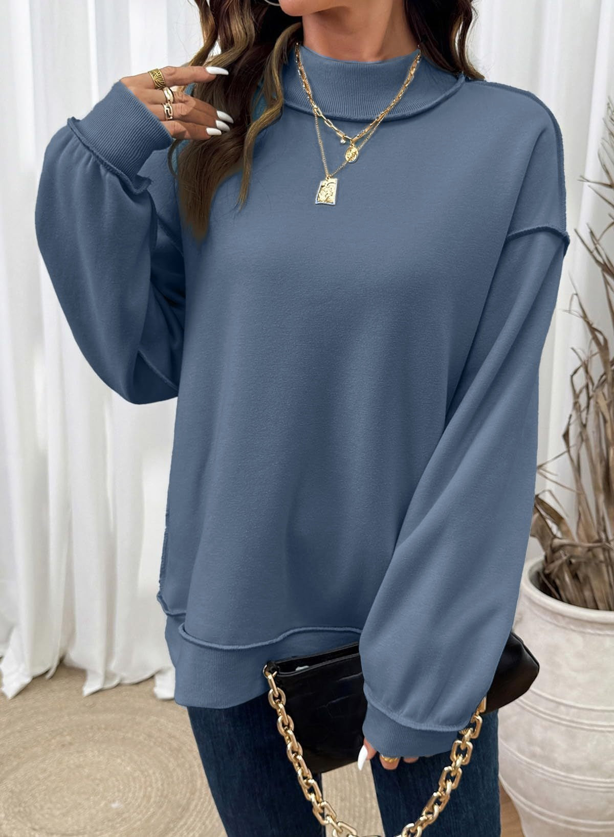 Exposed Seam Mock Neck Sweatshirt - Blue - 2