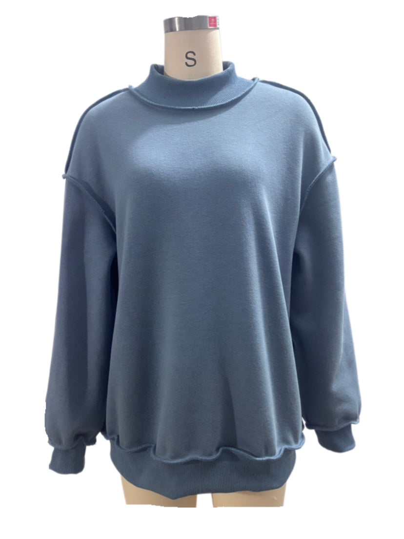 Exposed Seam Mock Neck Sweatshirt - Blue - 3