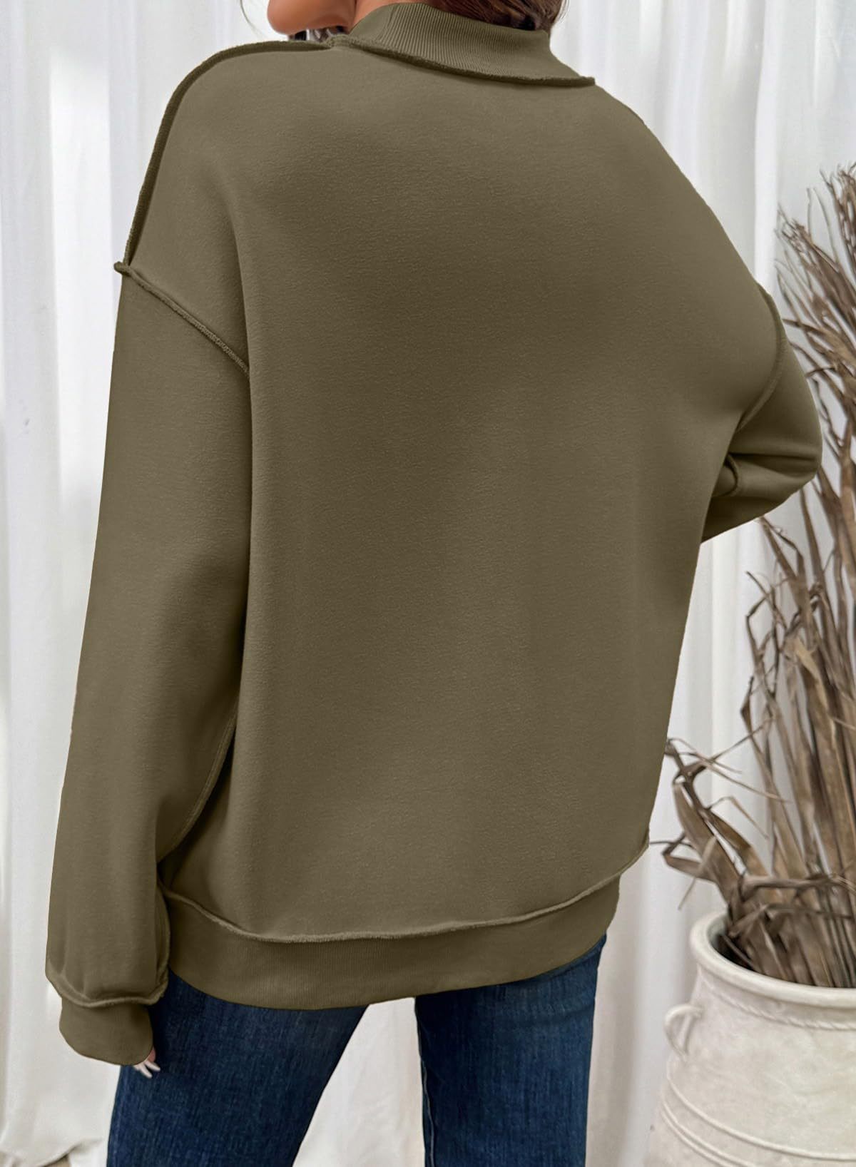 Exposed Seam Mock Neck Sweatshirt - Green - 1