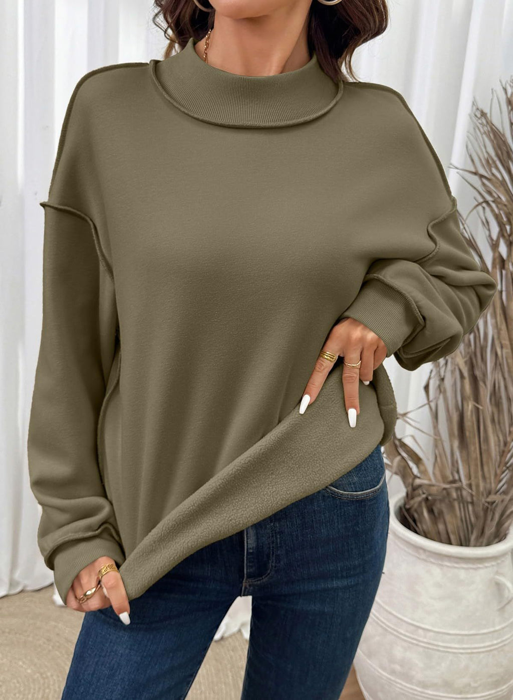 Exposed Seam Mock Neck Sweatshirt - Green - 2