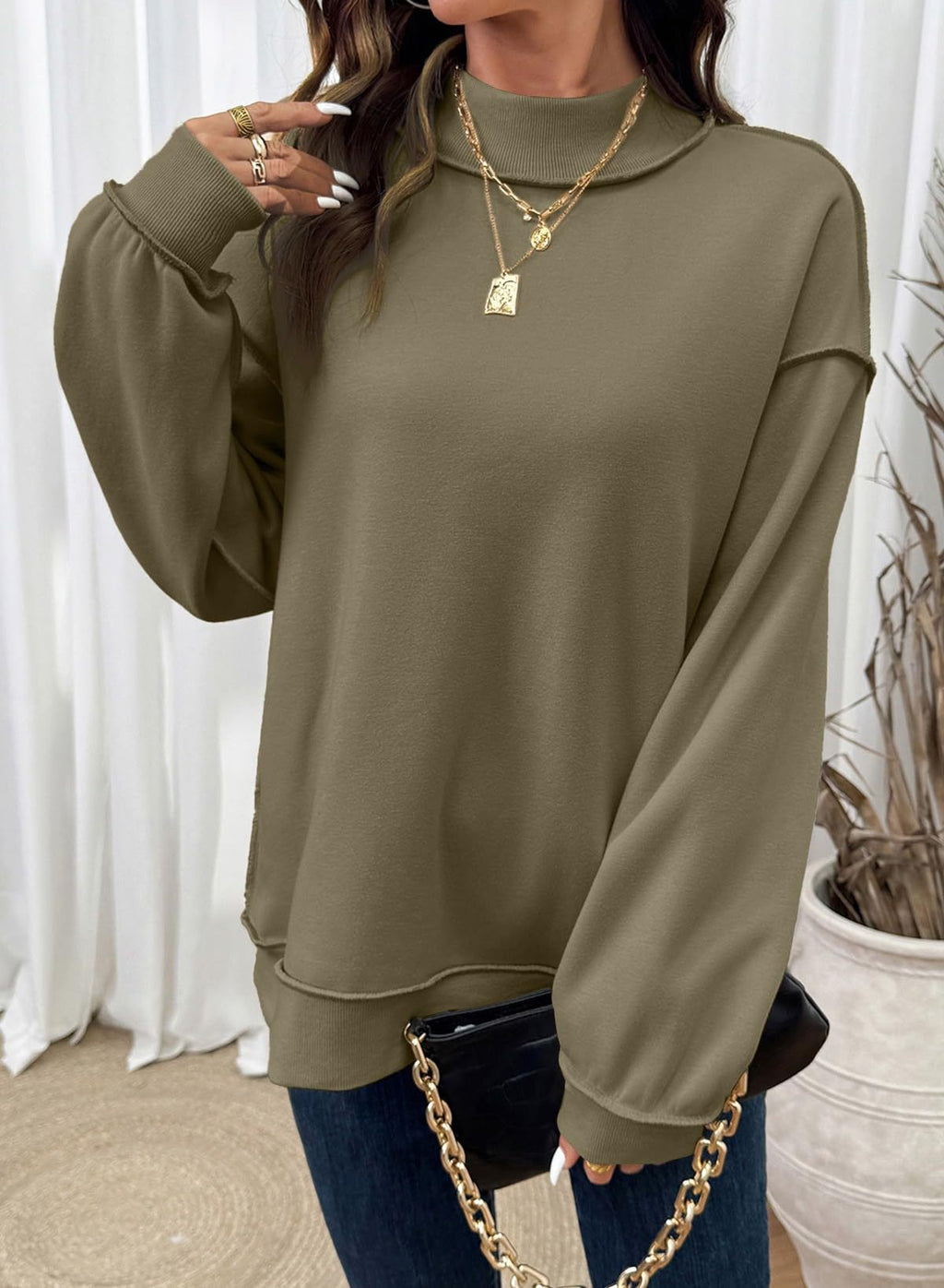 Exposed Seam Mock Neck Sweatshirt - Green - 3