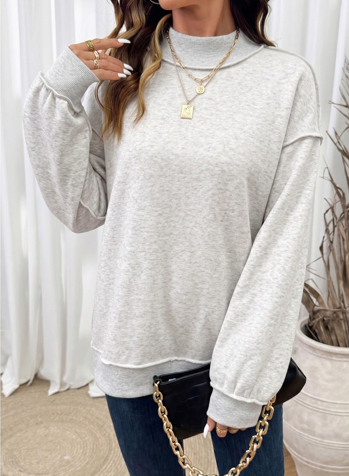 Exposed Seam Mock Neck Sweatshirt - Grey - 3