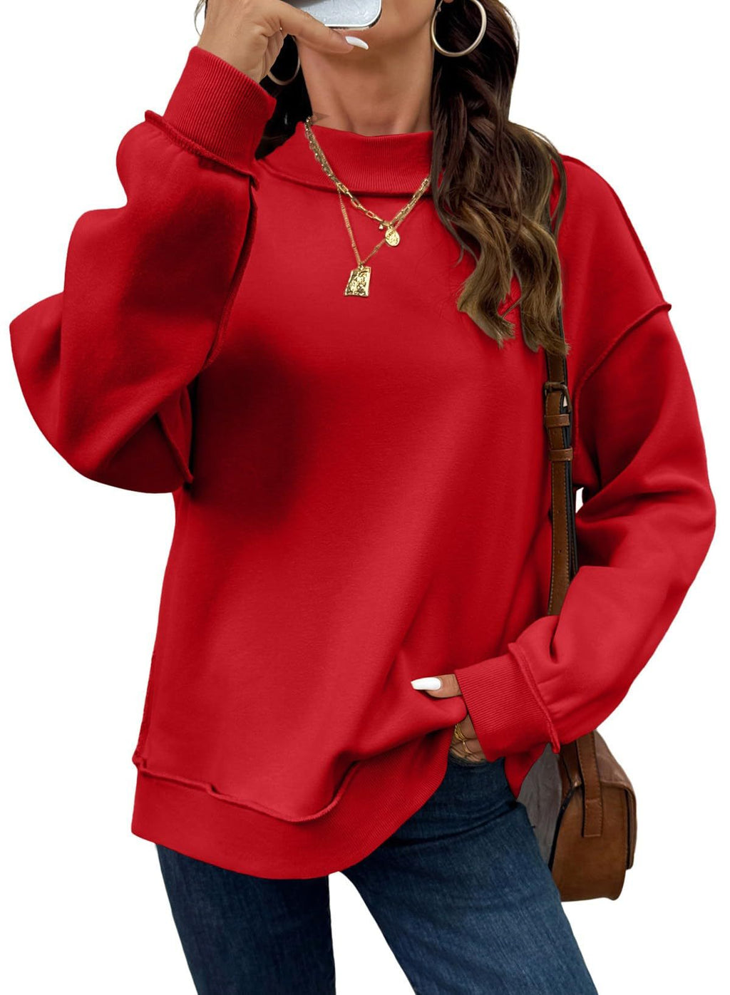 Exposed Seam Mock Neck Sweatshirt - Red