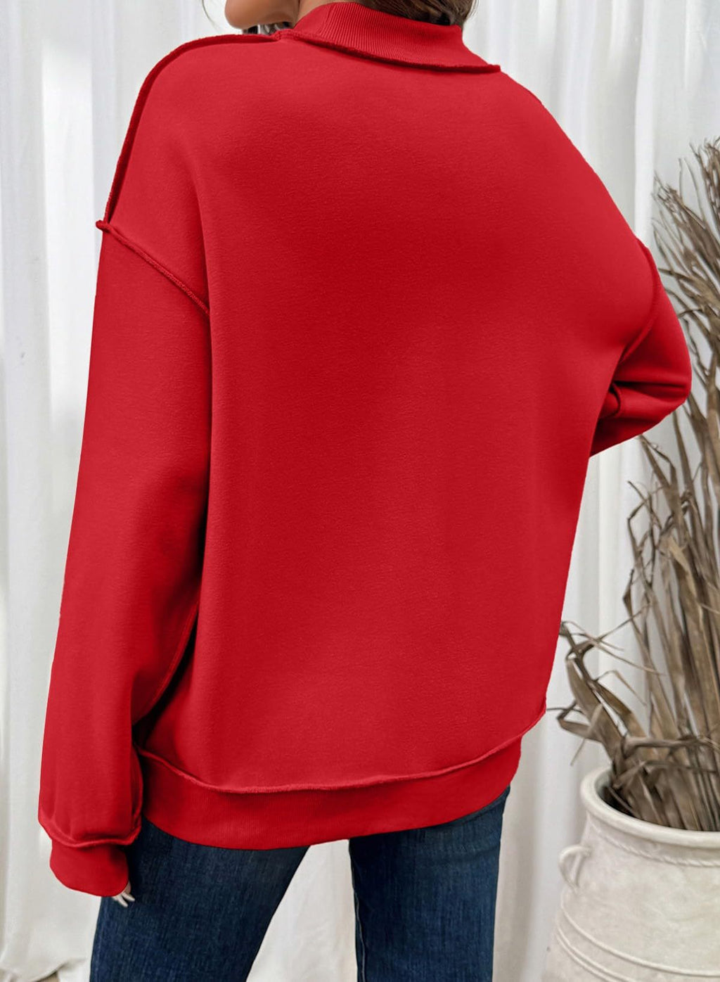 Exposed Seam Mock Neck Sweatshirt - Red - 1