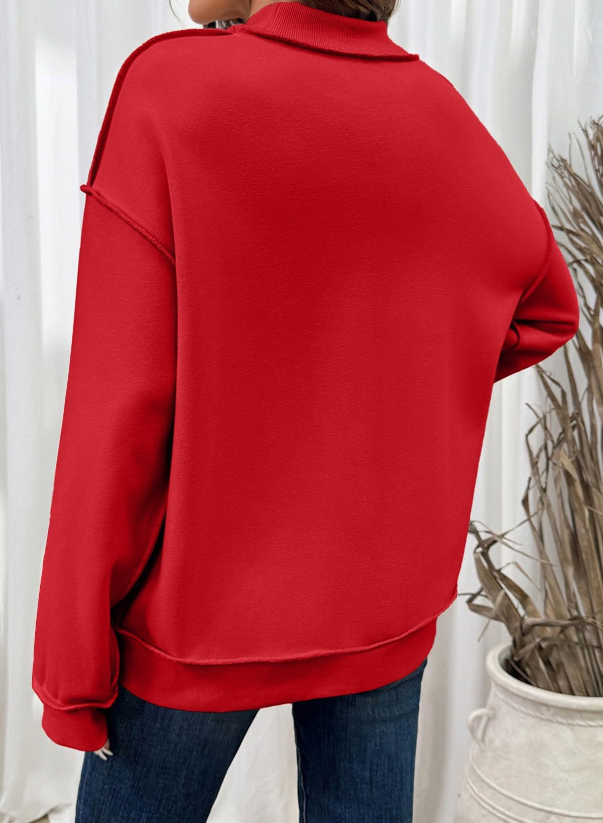 Exposed Seam Mock Neck Sweatshirt - Red - 1