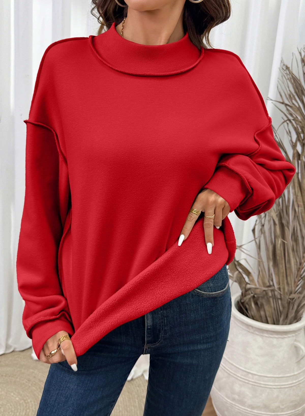 Exposed Seam Mock Neck Sweatshirt - Red - 2