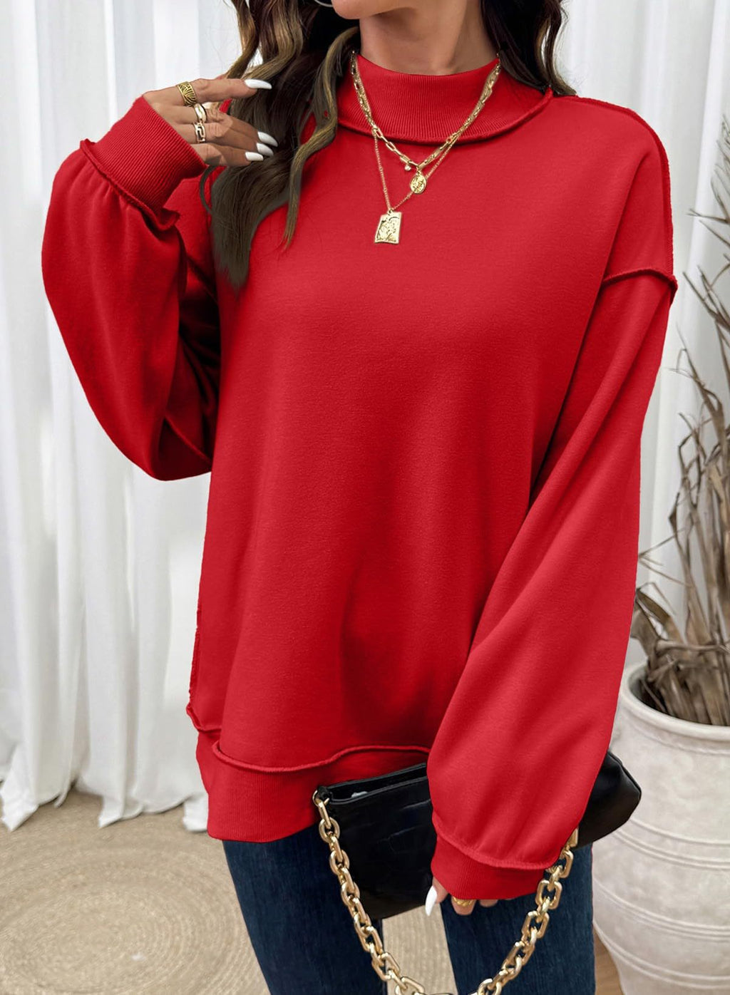 Exposed Seam Mock Neck Sweatshirt - Red - 3