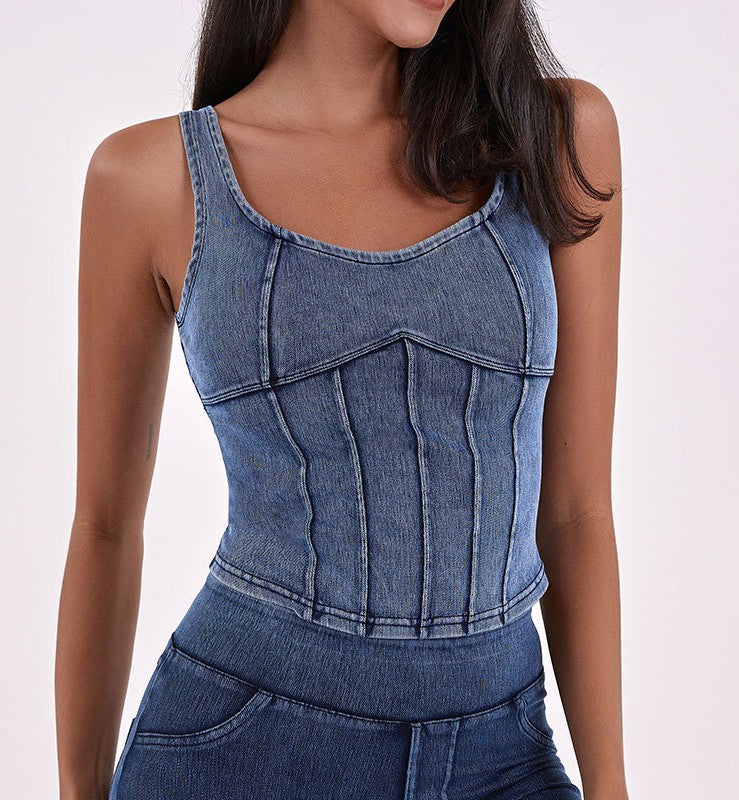 Seamed Denim Corset Vest Top - Blue