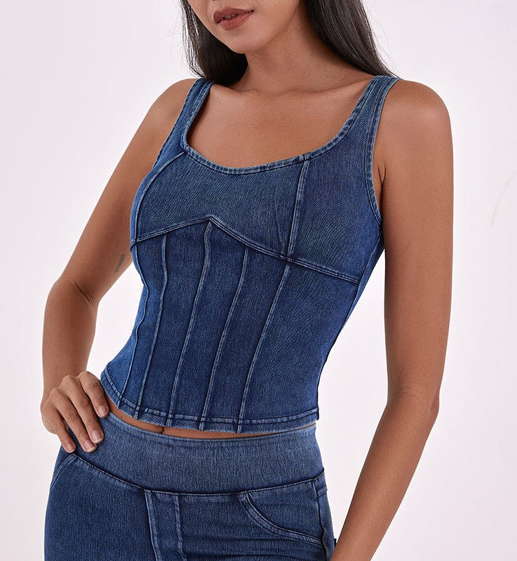 Seamed Denim Corset Vest Top - DarkBlue