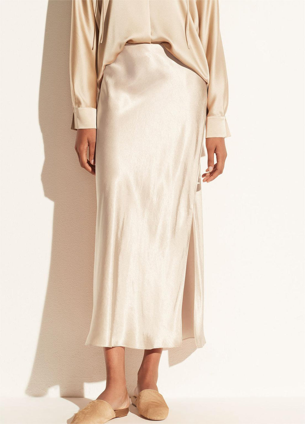 High Waist Side Slit Satin Maxi Skirt - Beige - 1