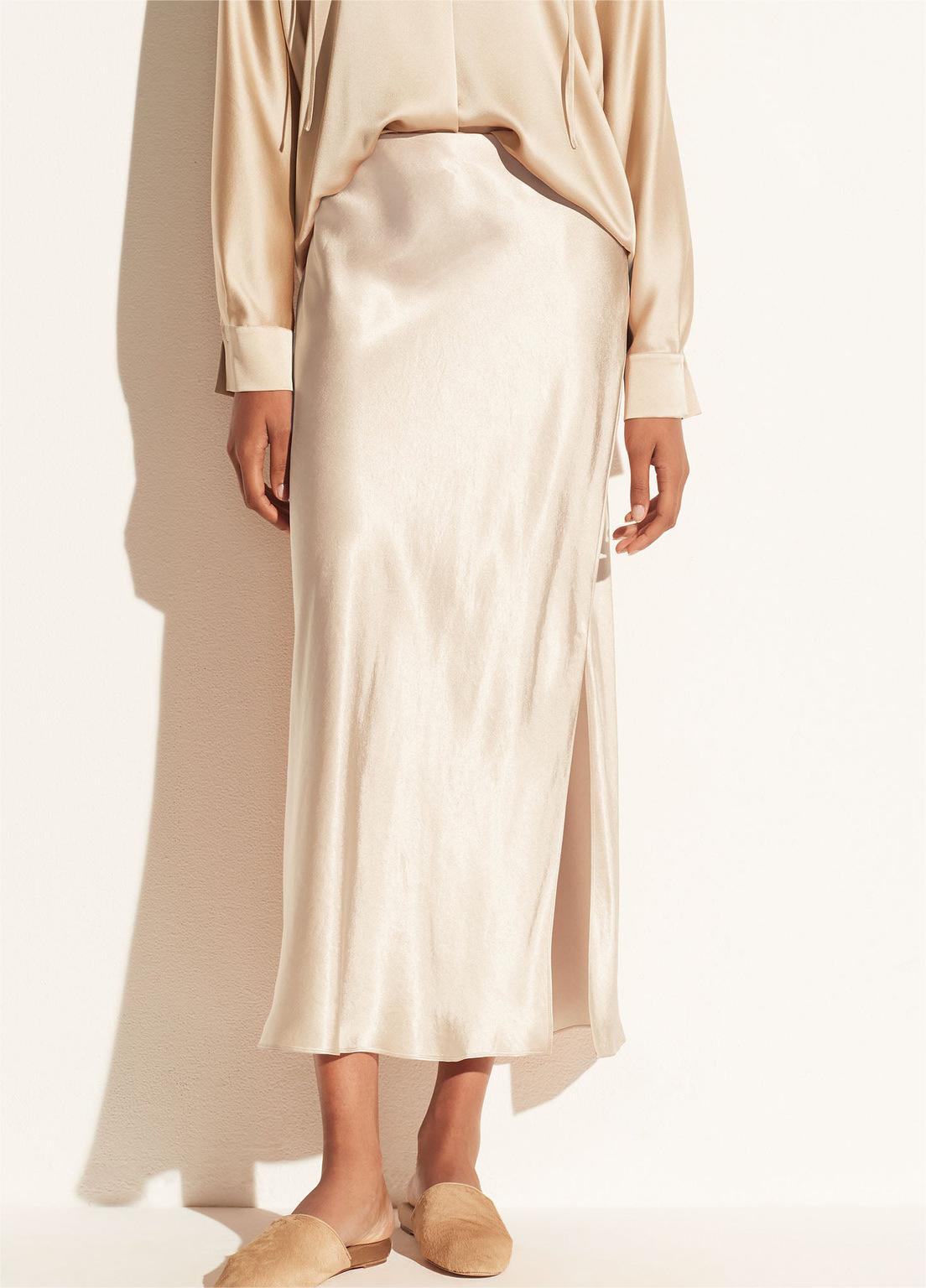 High Waist Side Slit Satin Maxi Skirt - Beige - 1