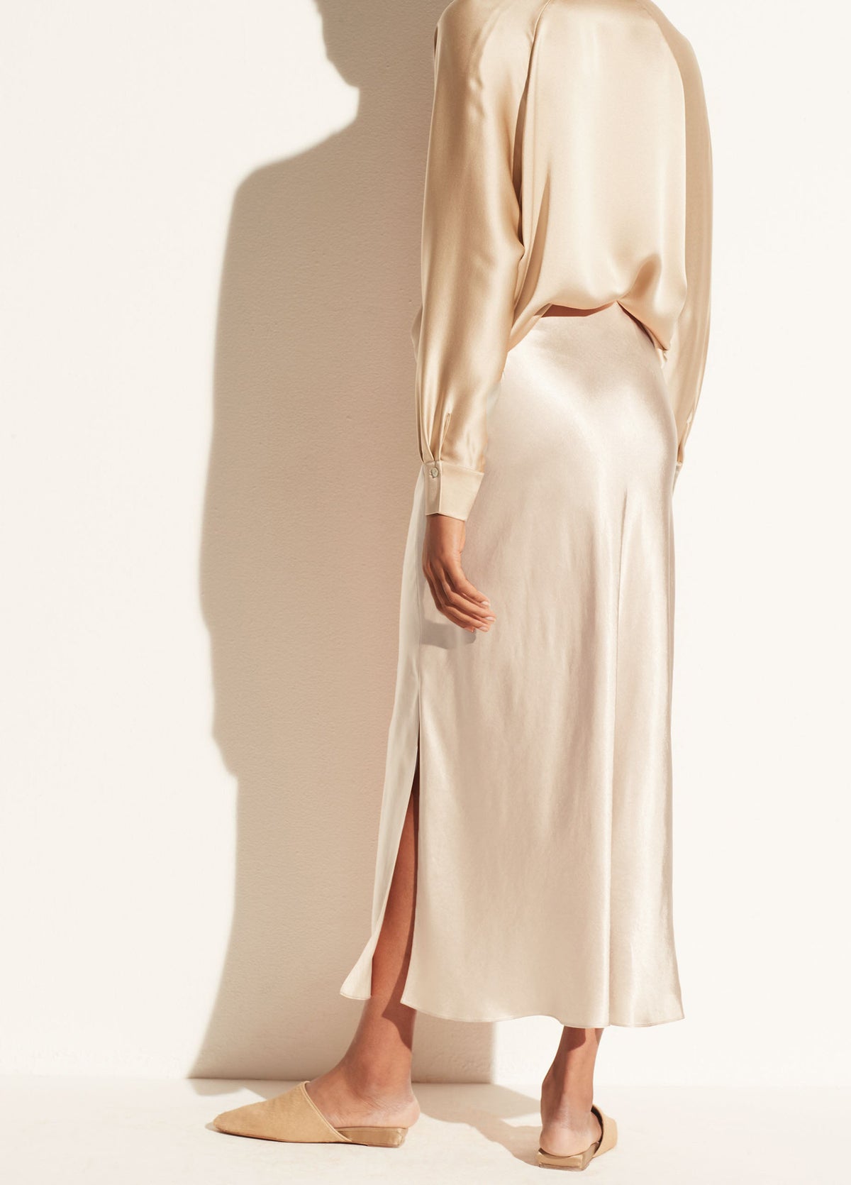 High Waist Side Slit Satin Maxi Skirt - Beige - 2