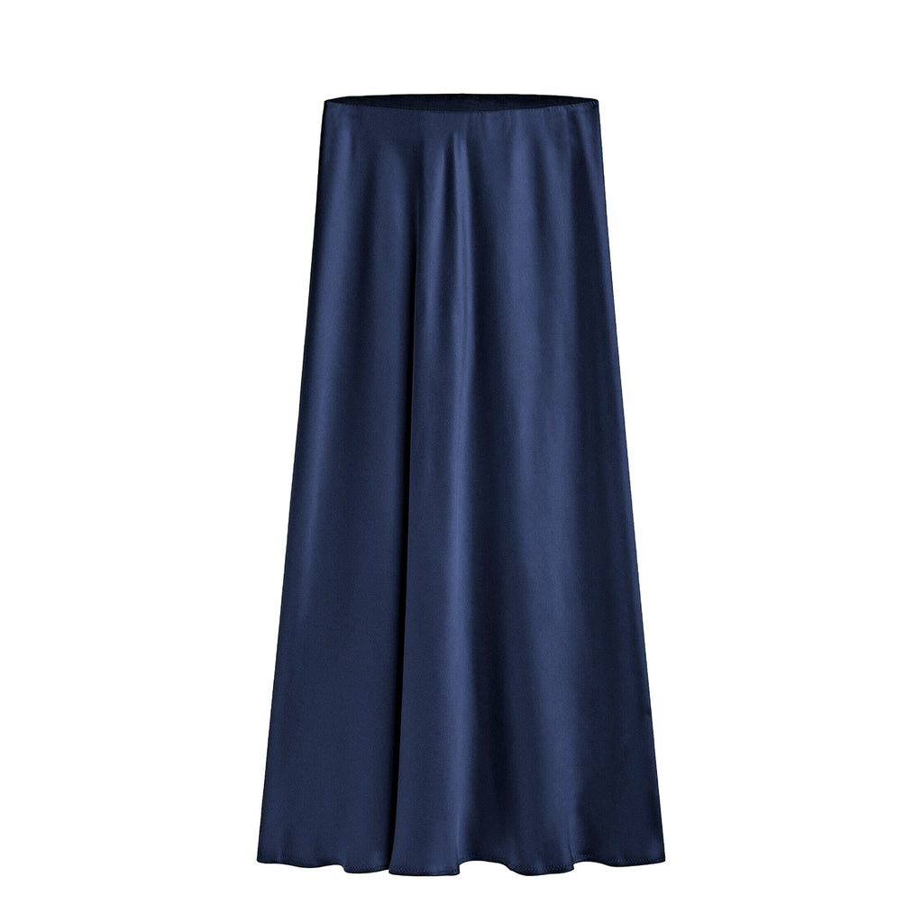 High Waist Side Slit Satin Maxi Skirt - DBlue