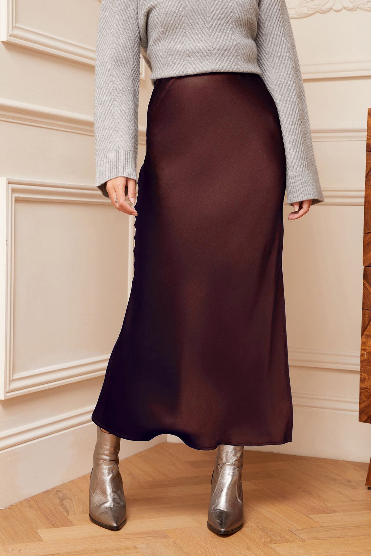 High Waist Side Slit Satin Maxi Skirt - Dbrown - 2