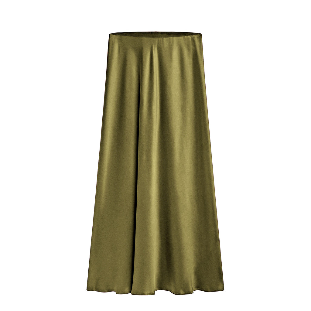 High Waist Side Slit Satin Maxi Skirt - Olive