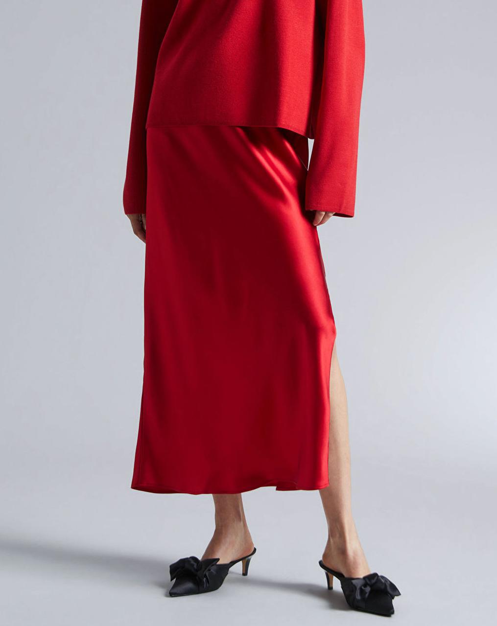 High Waist Side Slit Satin Maxi Skirt - Red - 1
