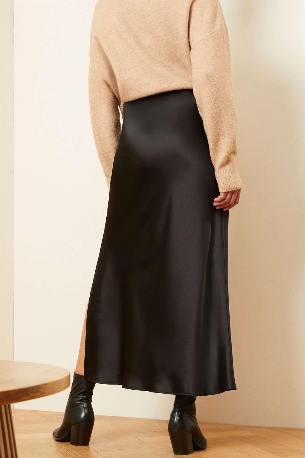 High Waist Side Slit Satin Maxi Skirt - black - 3