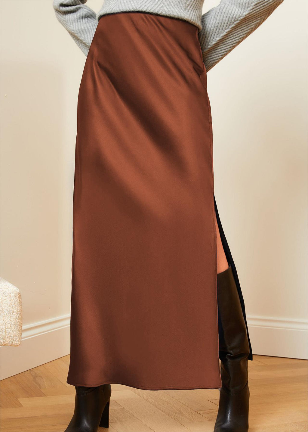 High Waist Side Slit Satin Maxi Skirt