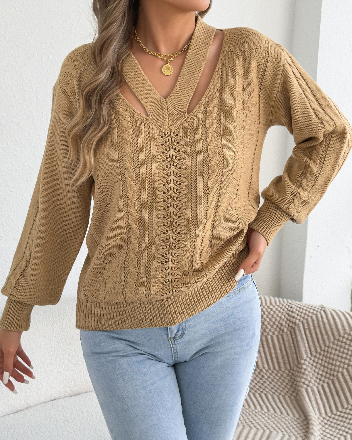 Strappy Cutout V Neck Pointelle Cable Sweater - Khaki - 1