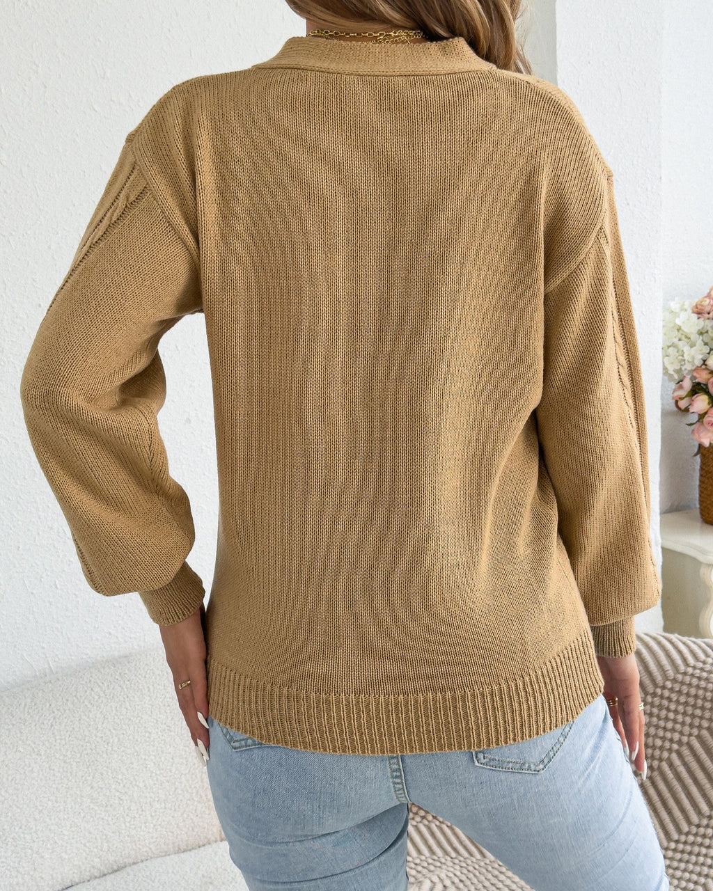 Strappy Cutout V Neck Pointelle Cable Sweater - Khaki - 2