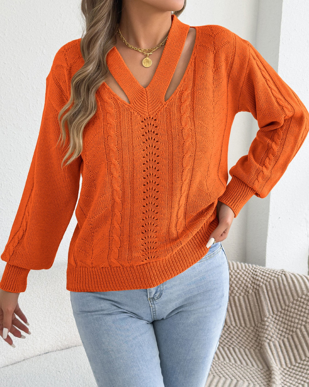 Strappy Cutout V Neck Pointelle Cable Sweater - Orange