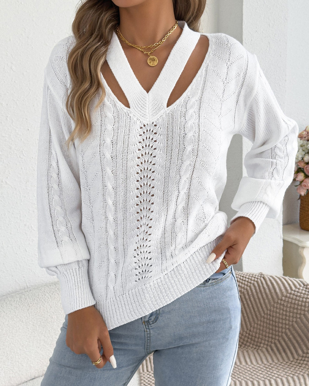 Strappy Cutout V Neck Pointelle Cable Sweater - White