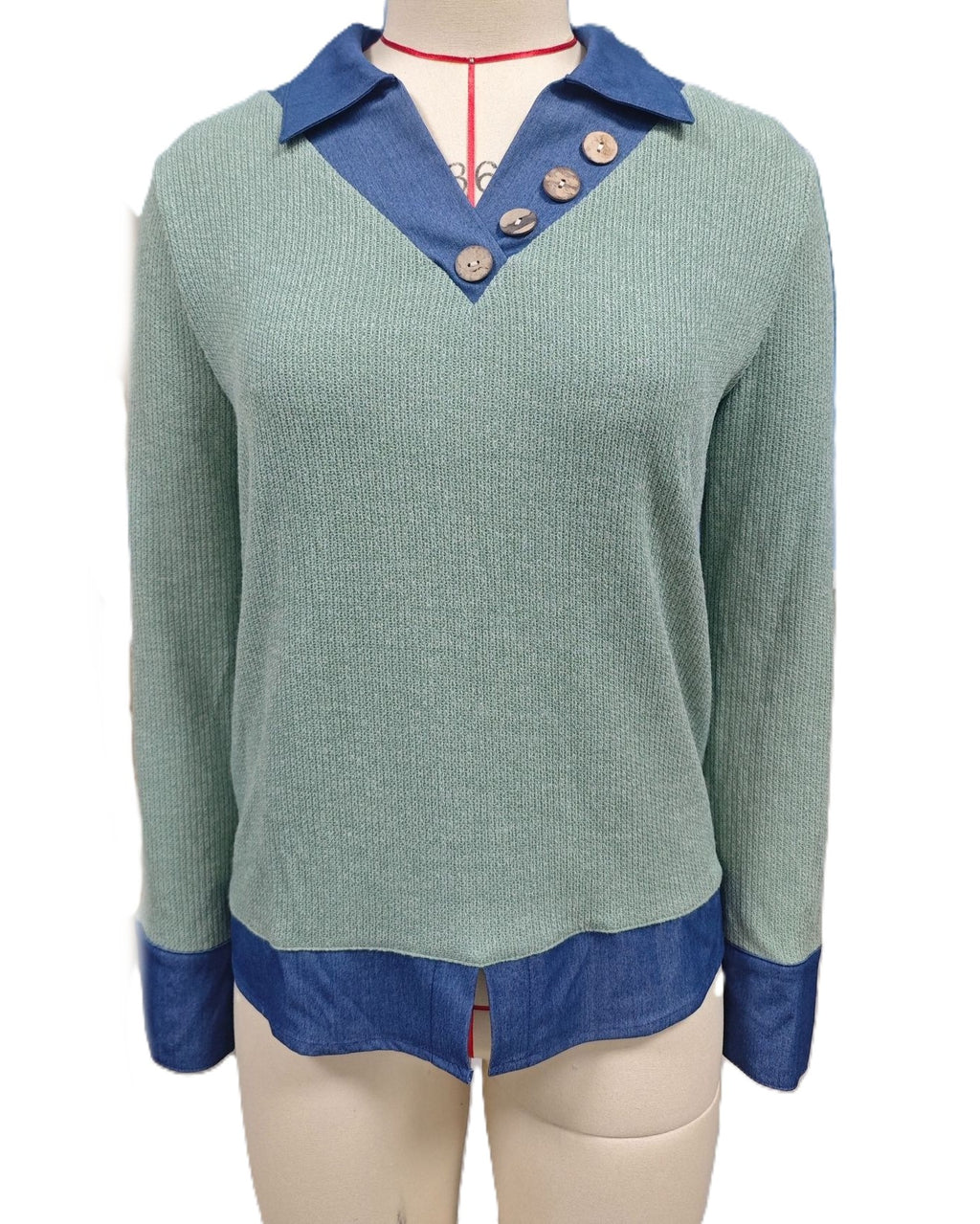 Contrast Collar Faux Layered Hem Sweatshirt - Green - 1