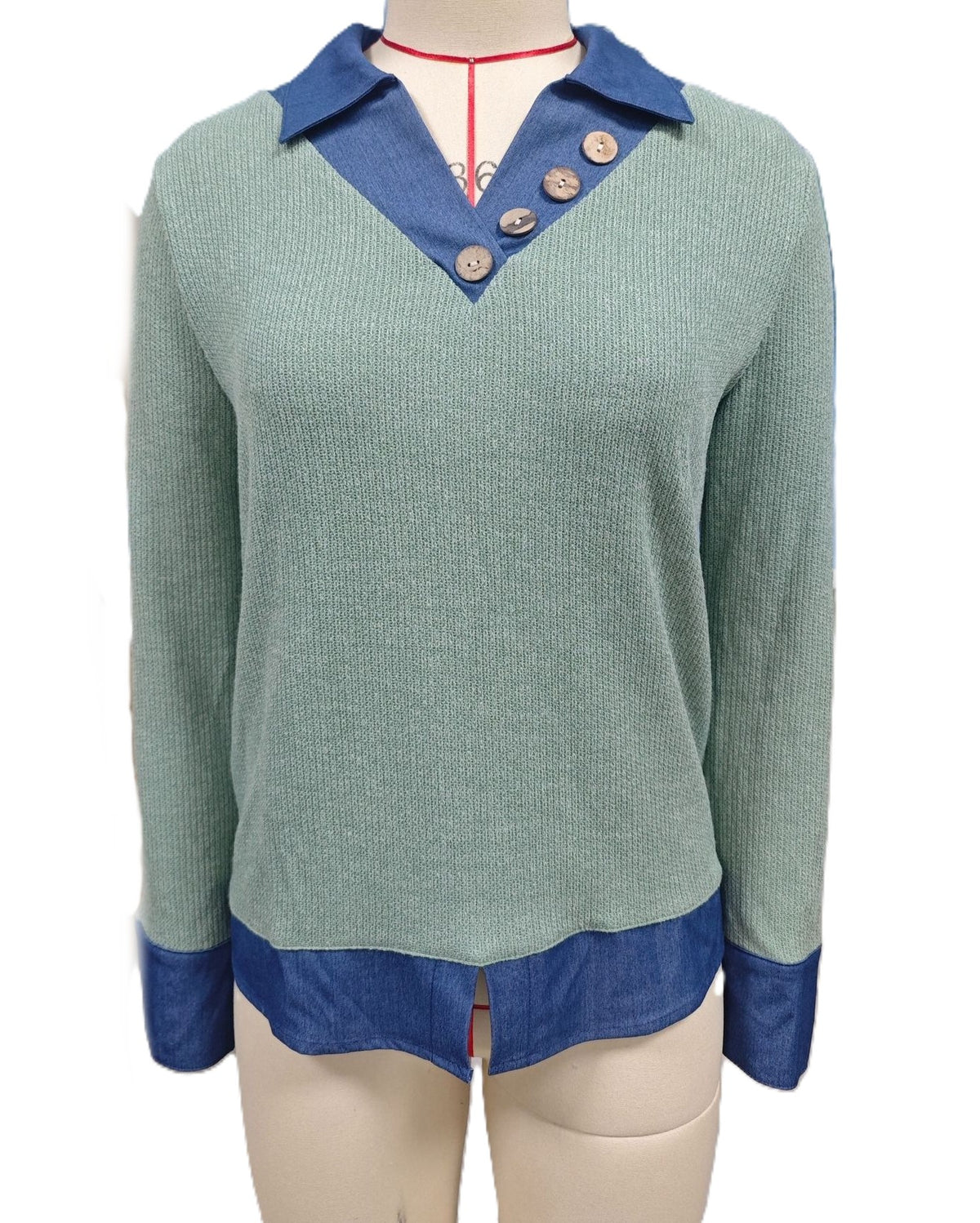 Contrast Collar Faux Layered Hem Sweatshirt - Green - 1