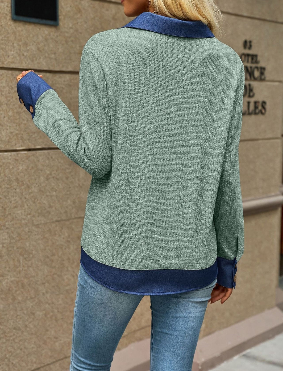 Contrast Collar Faux Layered Hem Sweatshirt - Green - 3