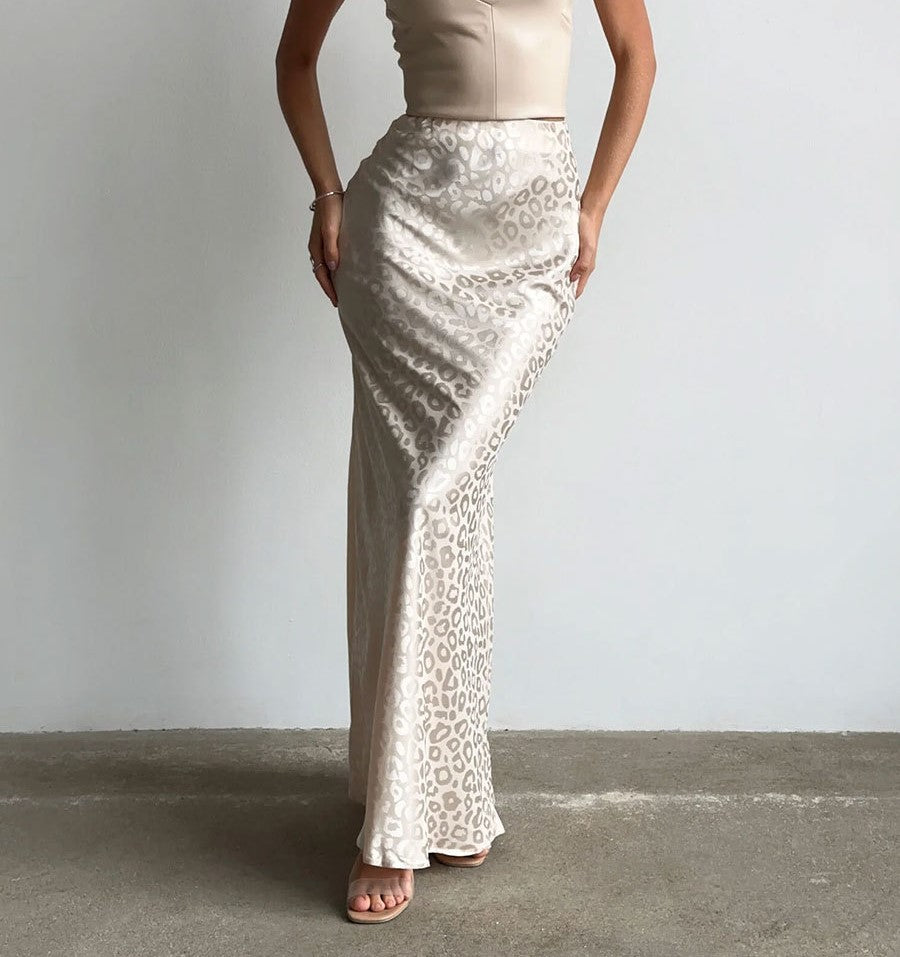 Leopard Jacquard Satin Fishtail Maxi Skirt - White