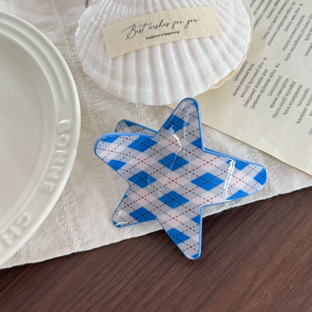 Star Claw Hair Clip With Argyle Diamond Print - Blue