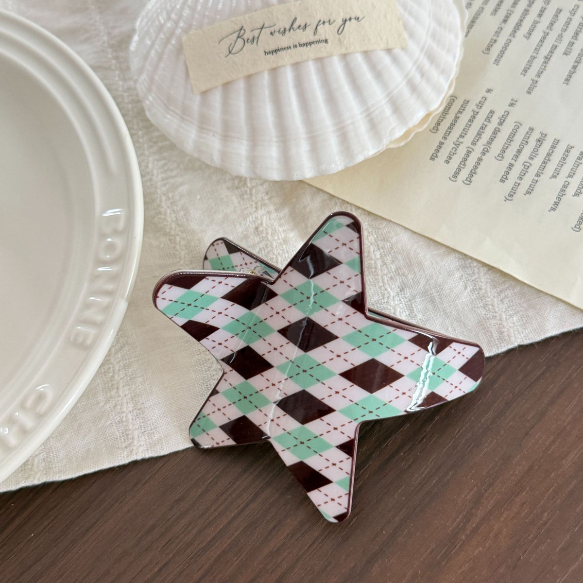 Star Claw Hair Clip With Argyle Diamond Print - Green