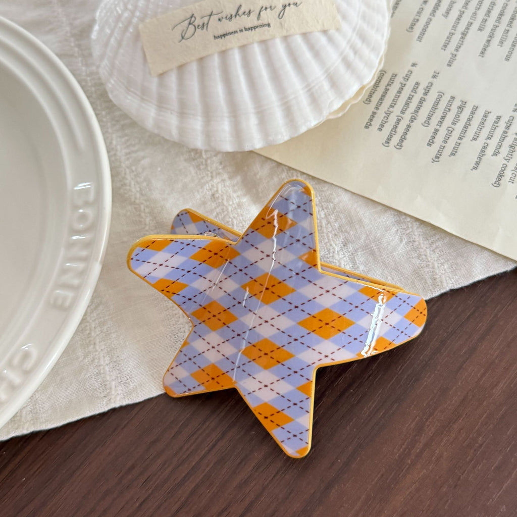Star Claw Hair Clip With Argyle Diamond Print - Yellow