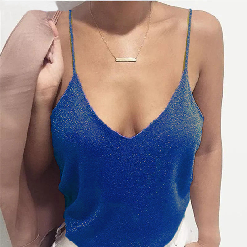 Sparkle Knit V Neck Cami Top - Blue