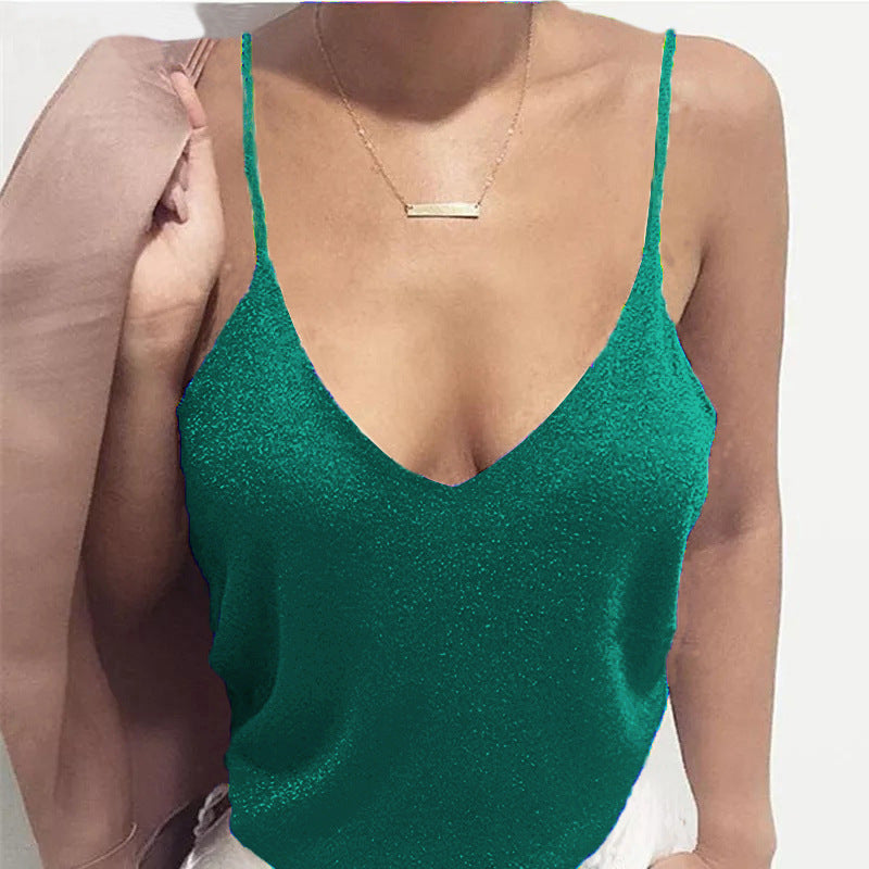 Sparkle Knit V Neck Cami Top - Green