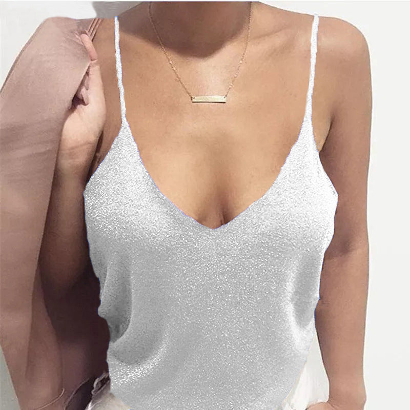 Sparkle Knit V Neck Cami Top - White