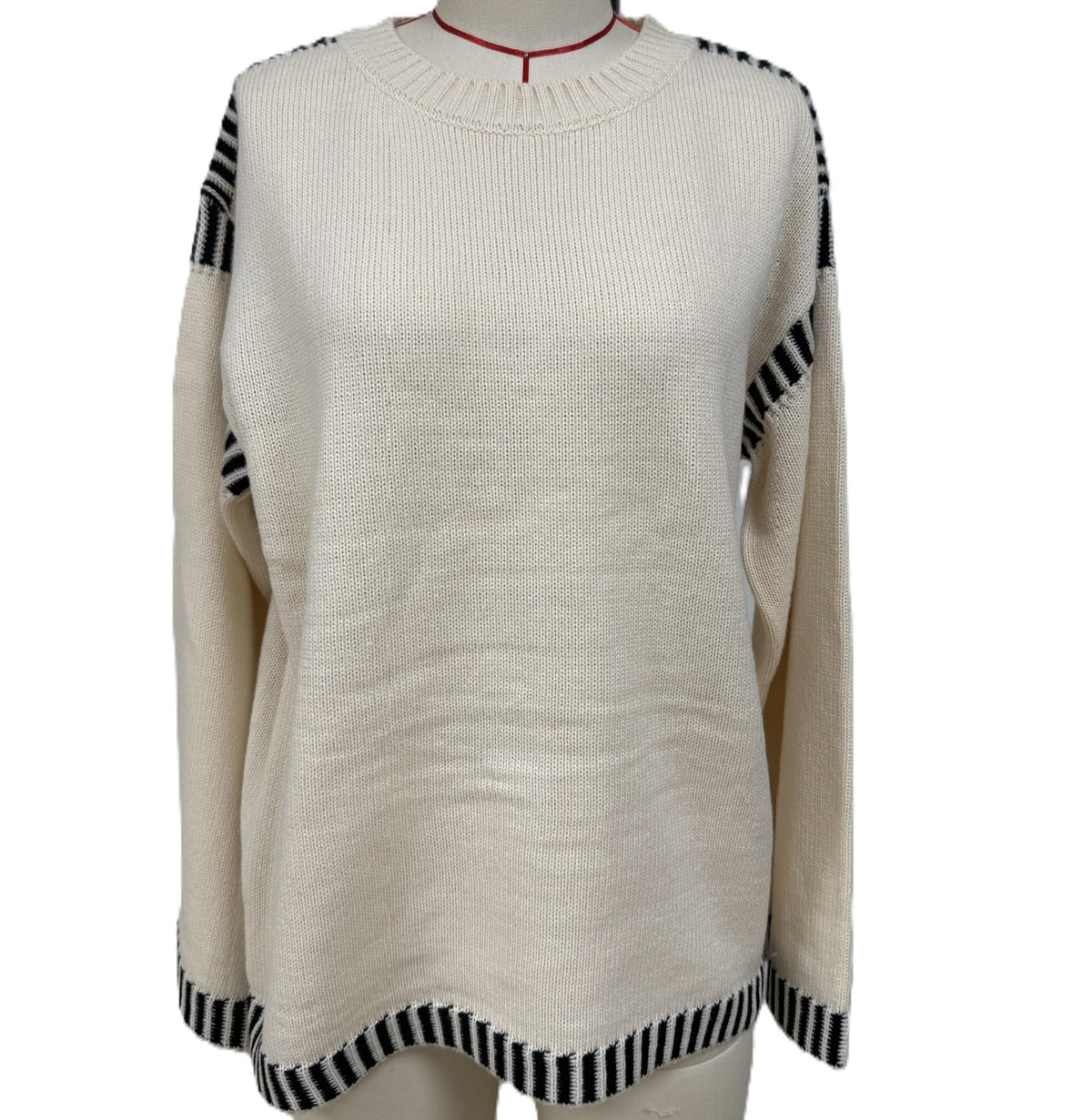 Contrast Stripe Trim Crewneck Knit Sweater - Apricot