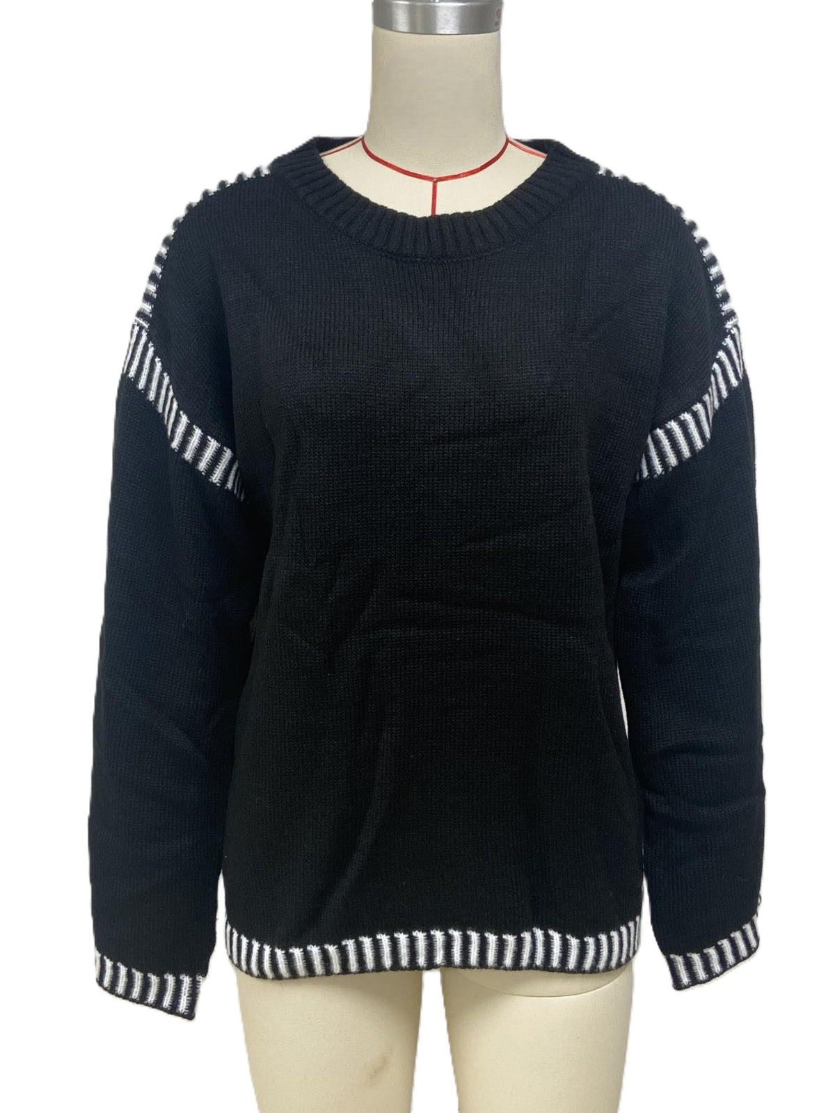 Contrast Stripe Trim Crewneck Knit Sweater - Black