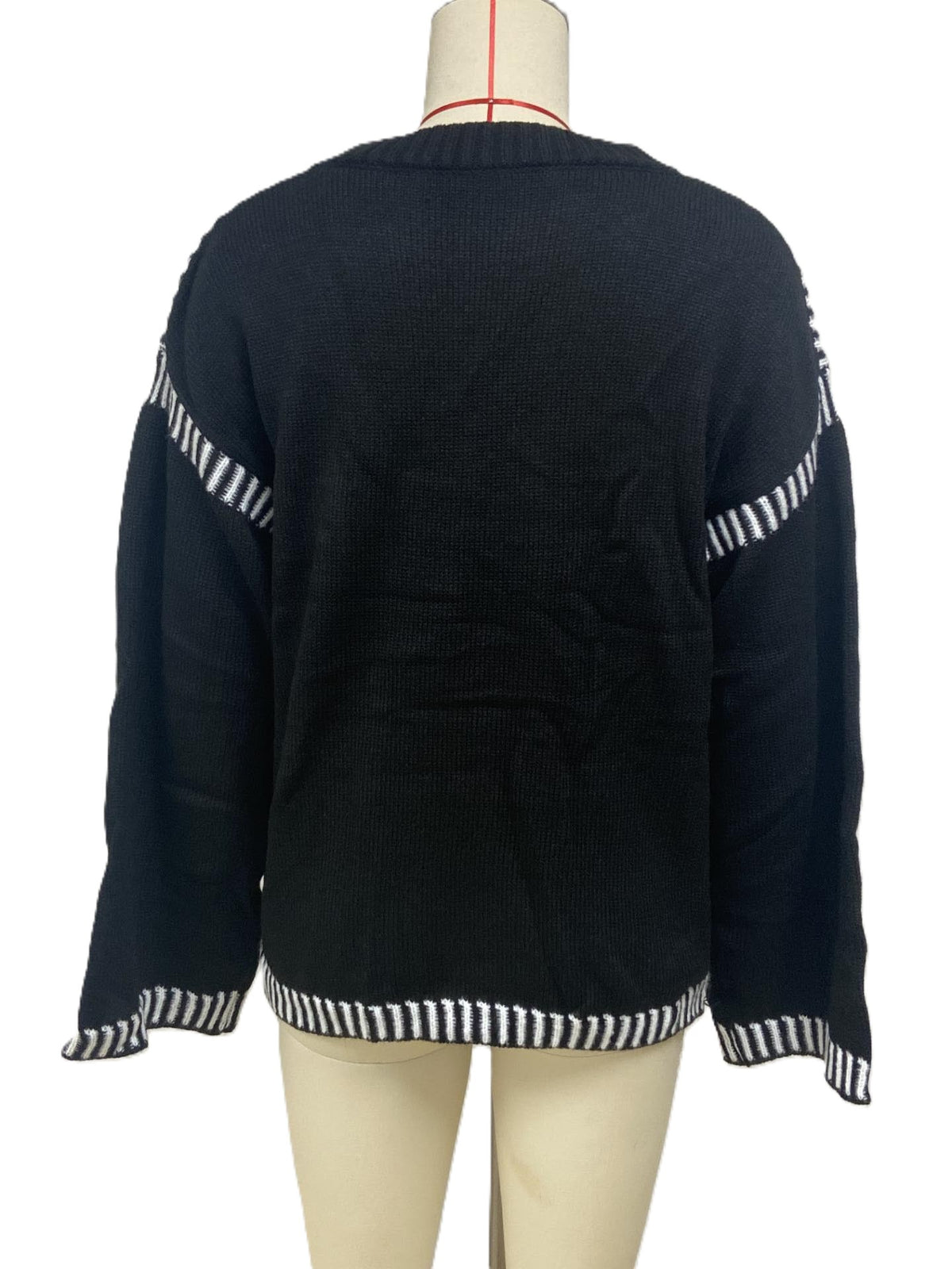 Contrast Stripe Trim Crewneck Knit Sweater - Black - 1