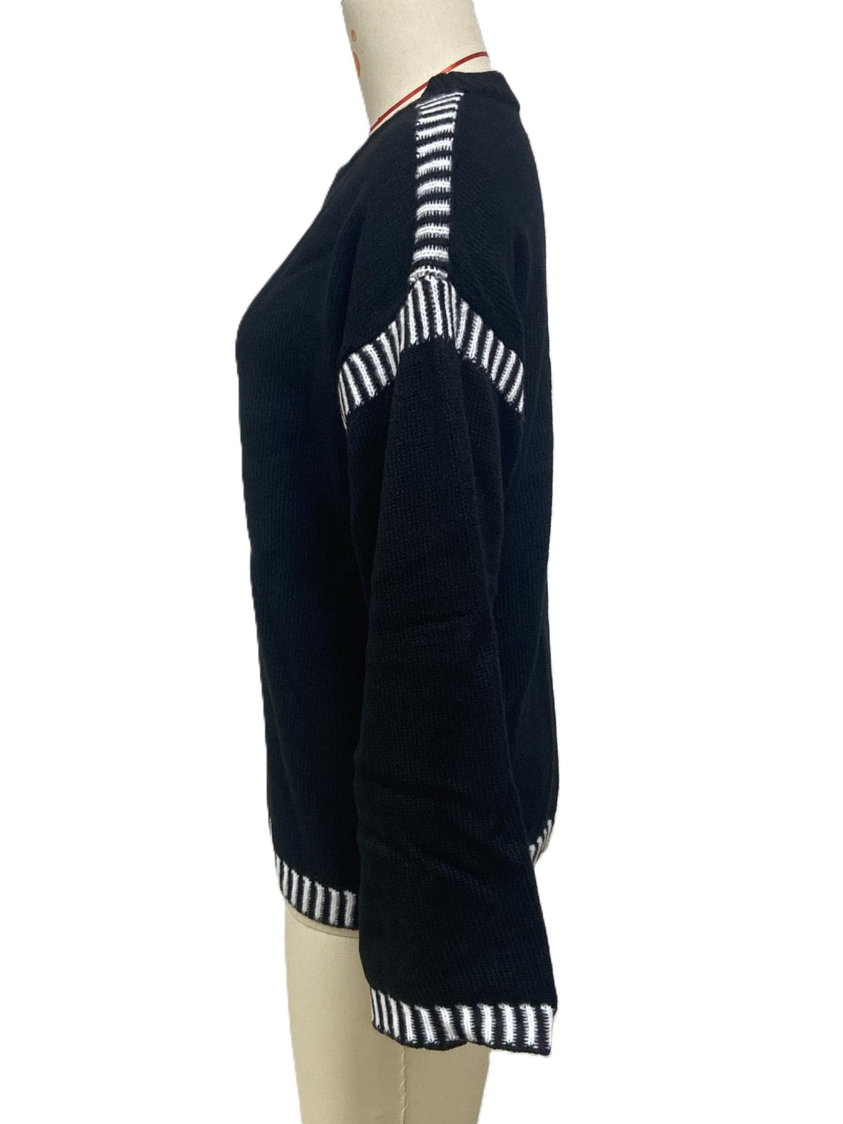Contrast Stripe Trim Crewneck Knit Sweater - Black - 2