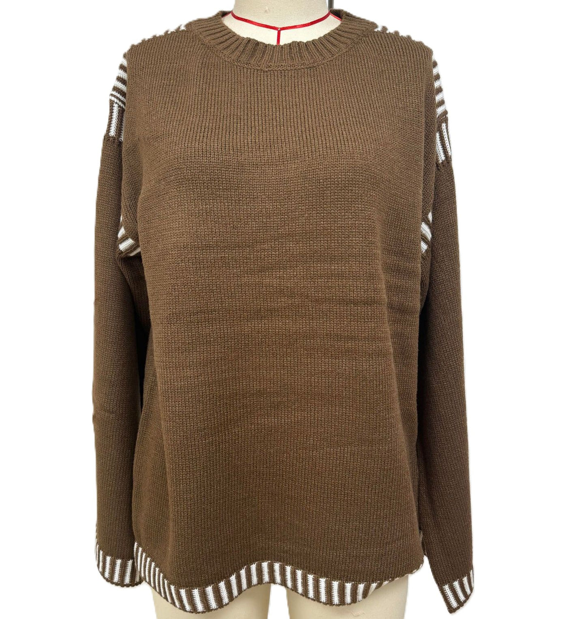 Contrast Stripe Trim Crewneck Knit Sweater - Brown
