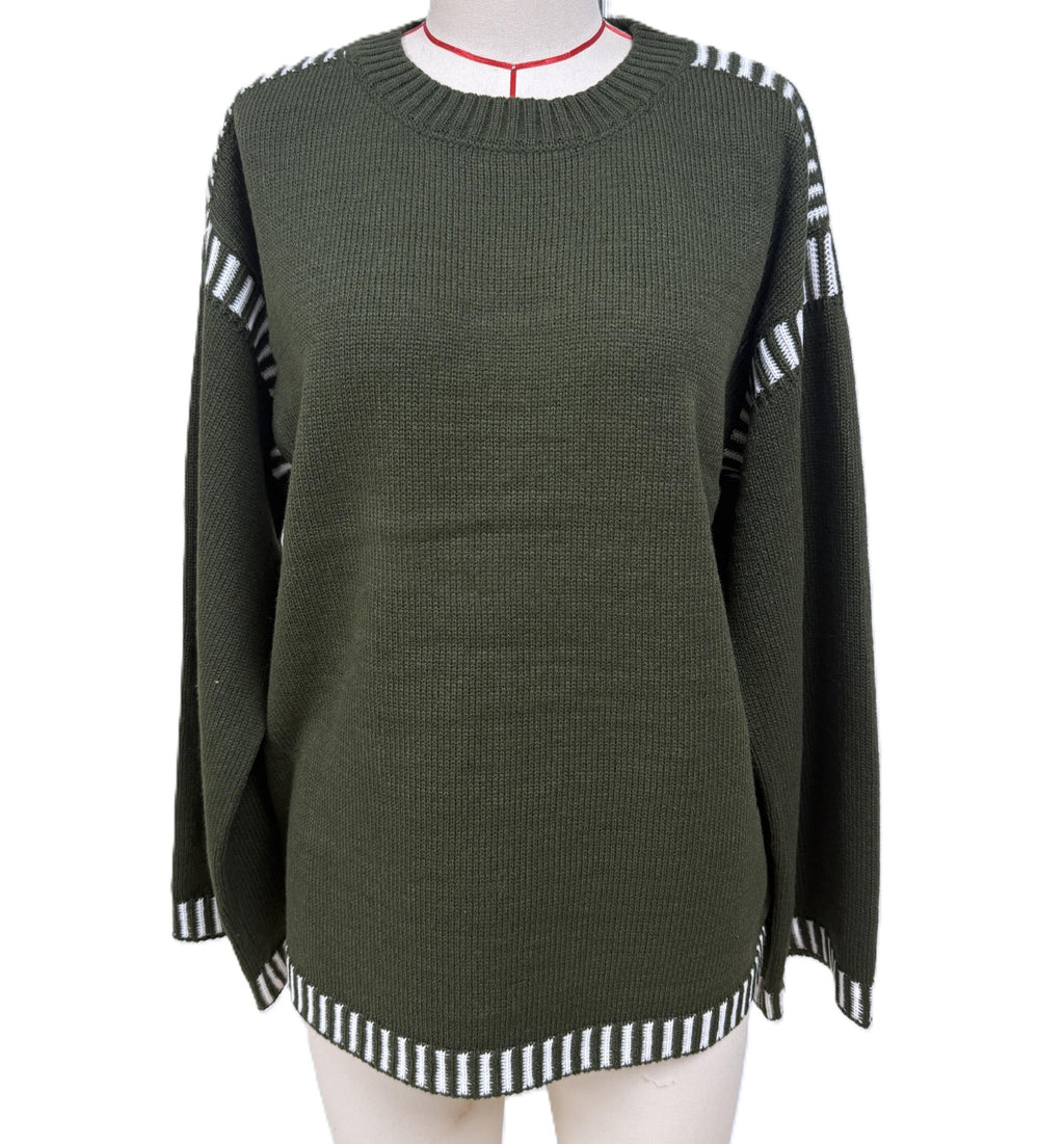 Contrast Stripe Trim Crewneck Knit Sweater - Green