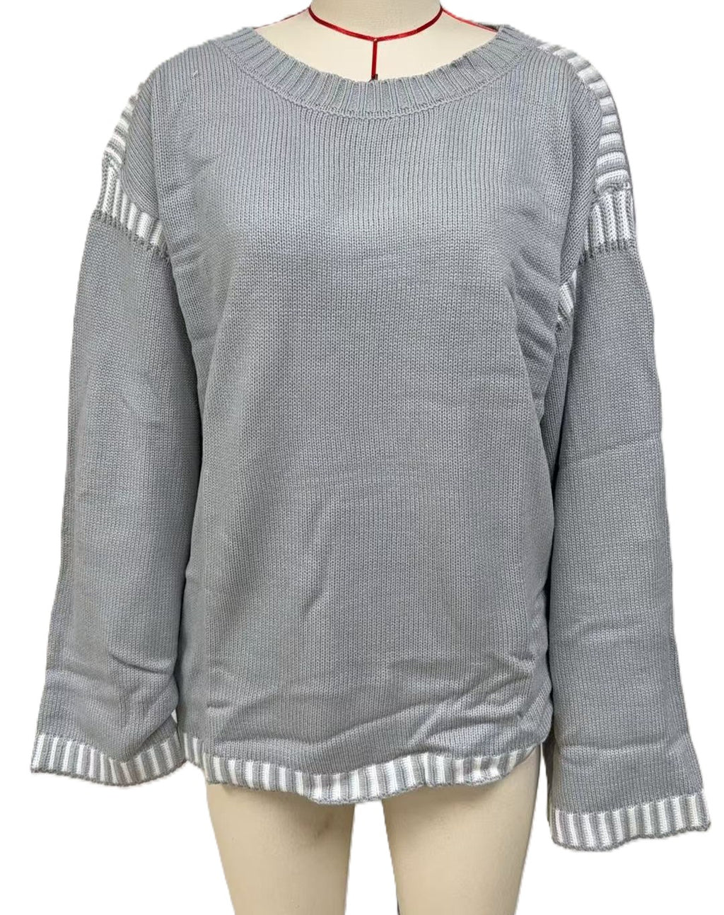 Contrast Stripe Trim Crewneck Knit Sweater - Grey