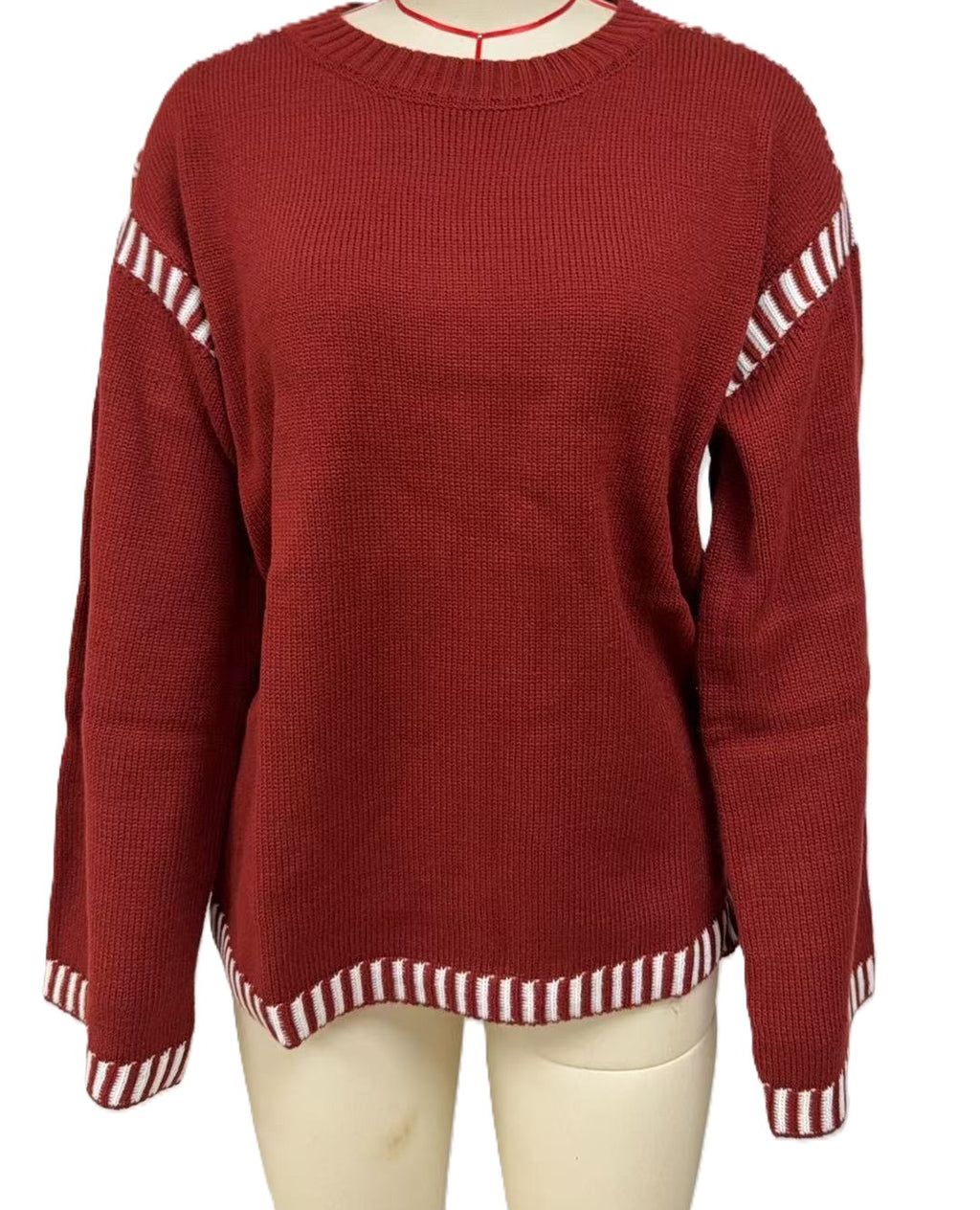 Contrast Stripe Trim Crewneck Knit Sweater - Red