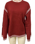 Contrast Stripe Trim Crewneck Knit Sweater - Red