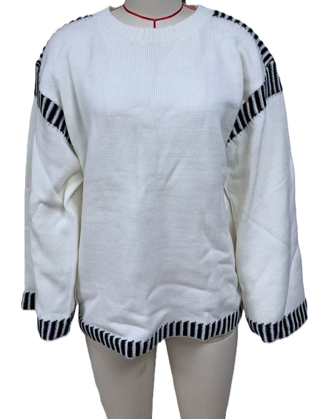 Contrast Stripe Trim Crewneck Knit Sweater - White