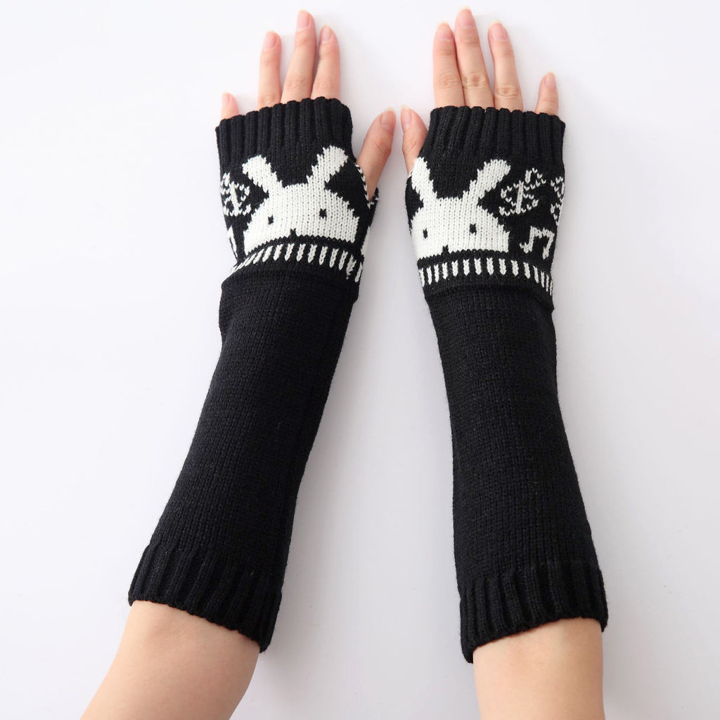 Rabbit Motif Fingerless Knit Arm Warmers - Black