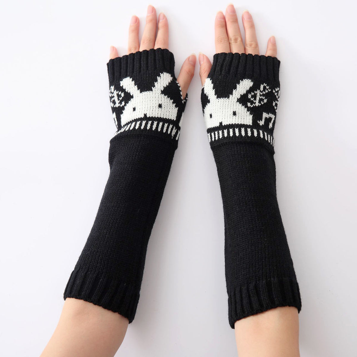 Rabbit Motif Fingerless Knit Arm Warmers - Black